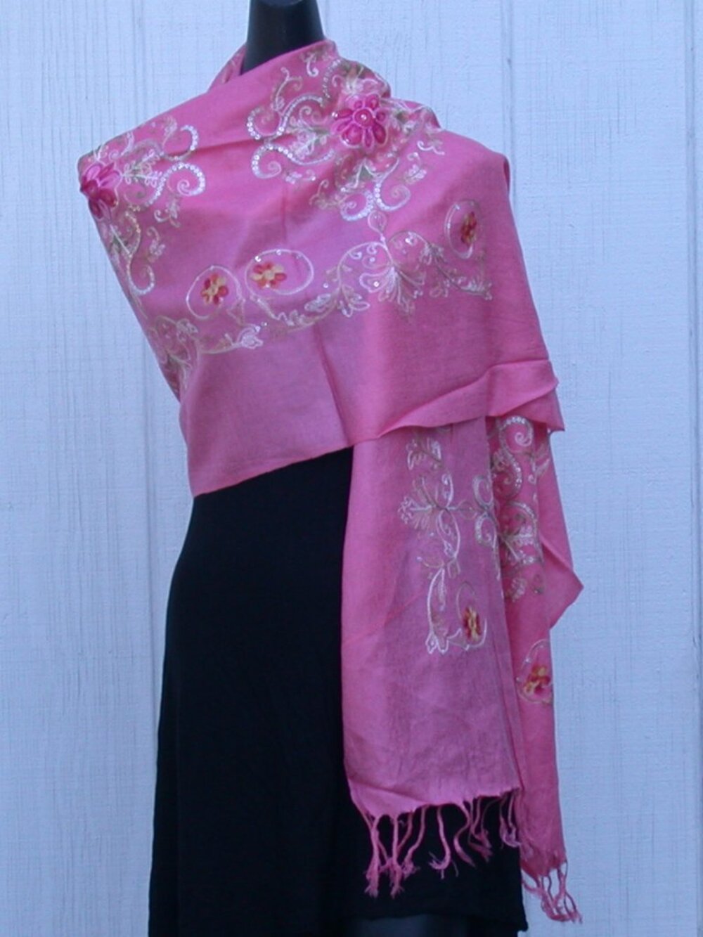 Miami Pink Embroidered Floral Print Fashion Shawl 26 x 70 Hijab Scarves